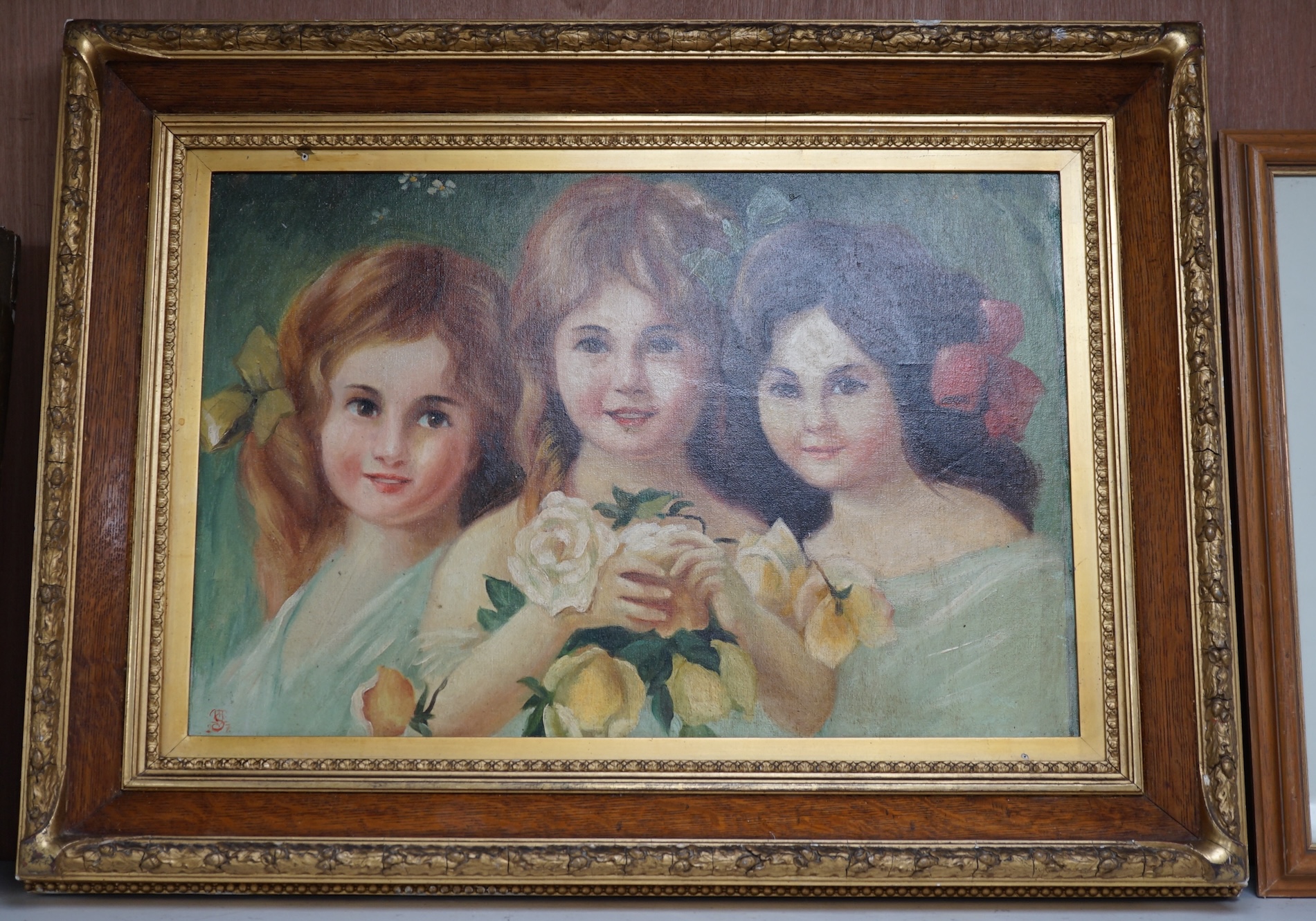 Decorative oil on board, Portrait of three girls holding flowers, 35 x 52cm. Condition - good, some surface dirt